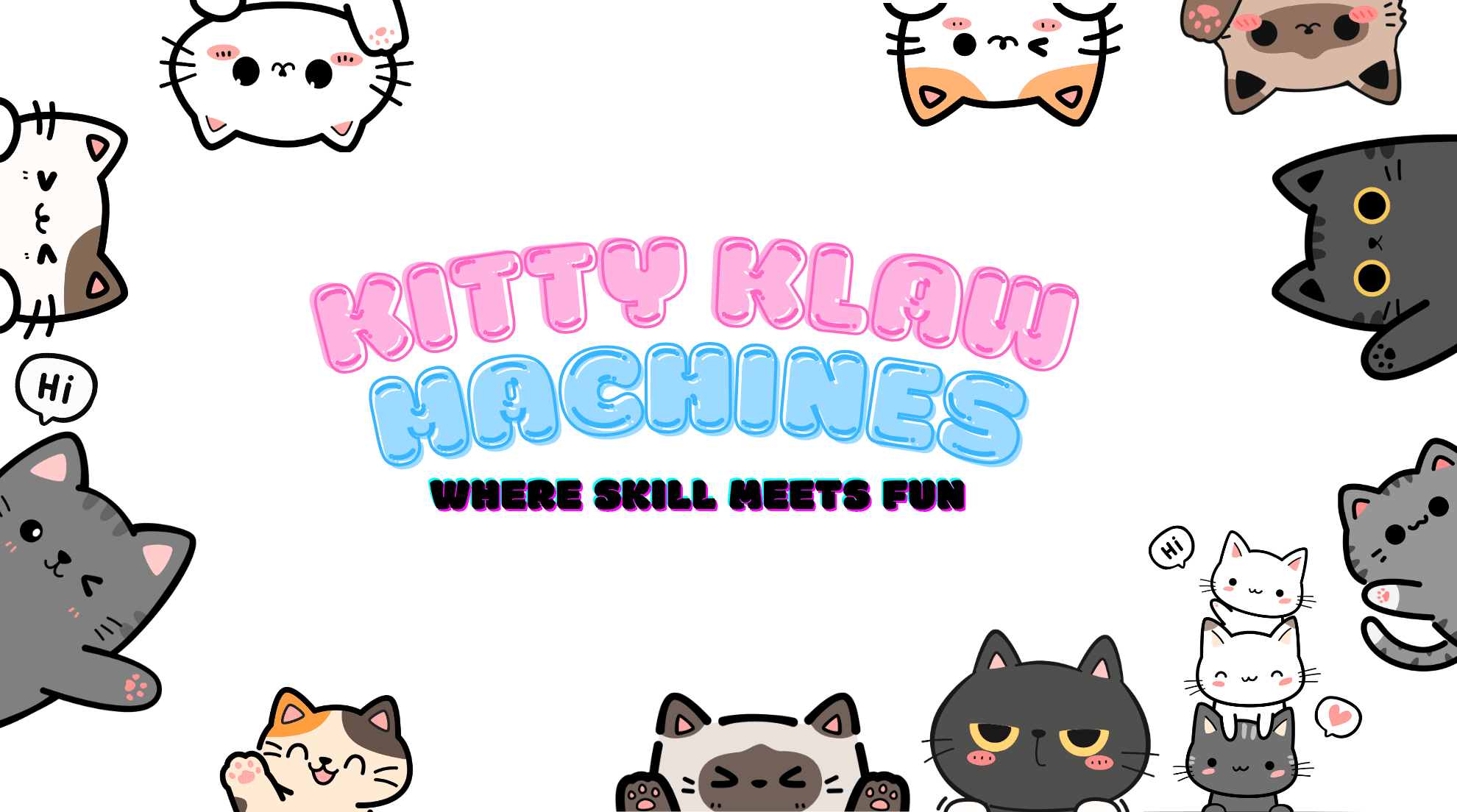 Bubbly Kitty Klaw Machines logo surrounded by many cute, diverse cartoon cats on white background.