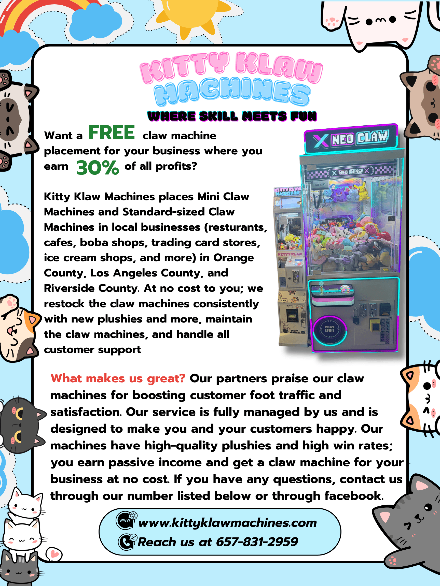 Kitty Klaw Machines advertisement offering free claw machine placement and 30% profit share for businesses.