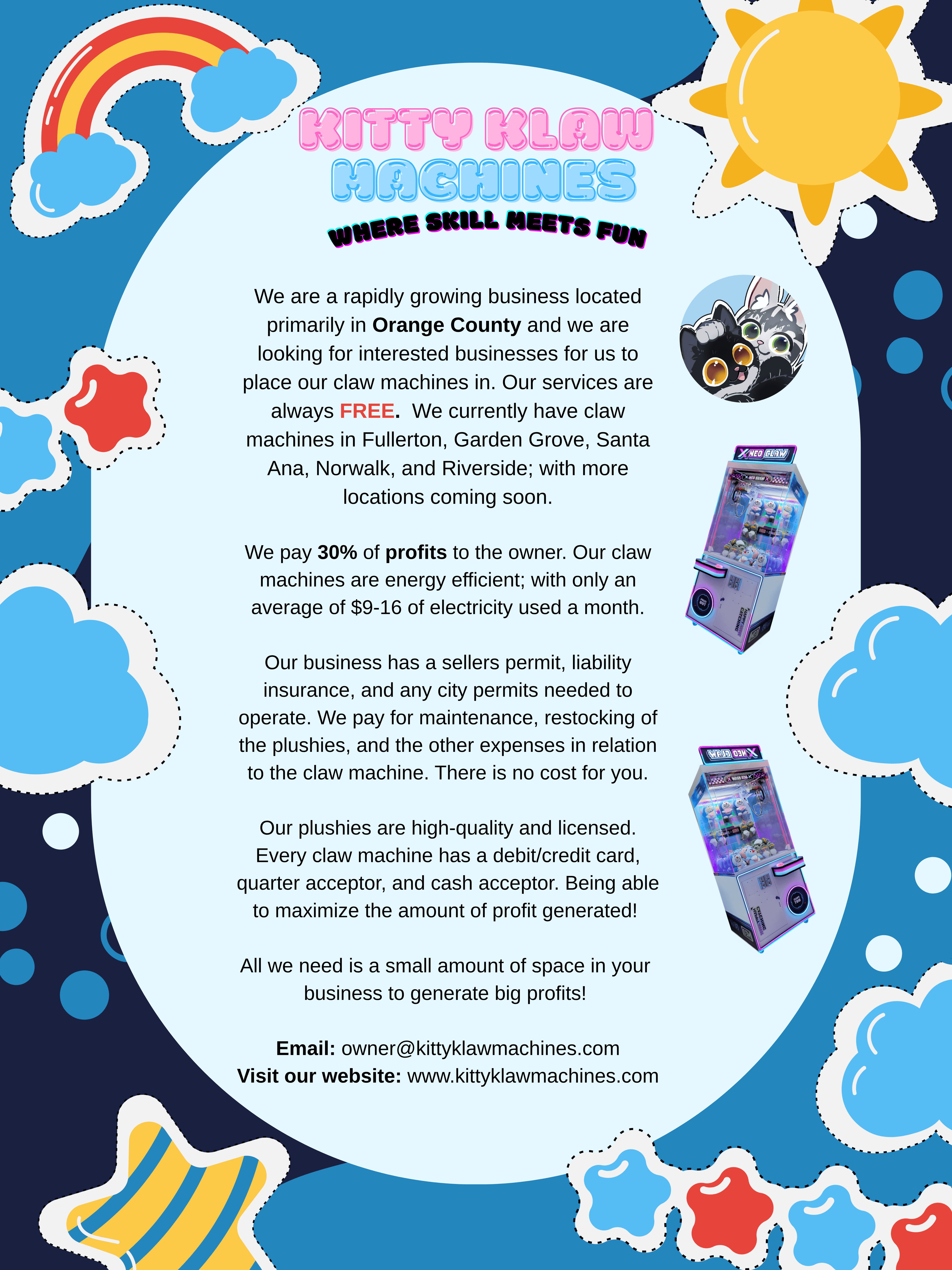 Colorful promotional flyer for Kitty Klaw Machines featuring cartoon graphics and information on business partnerships.