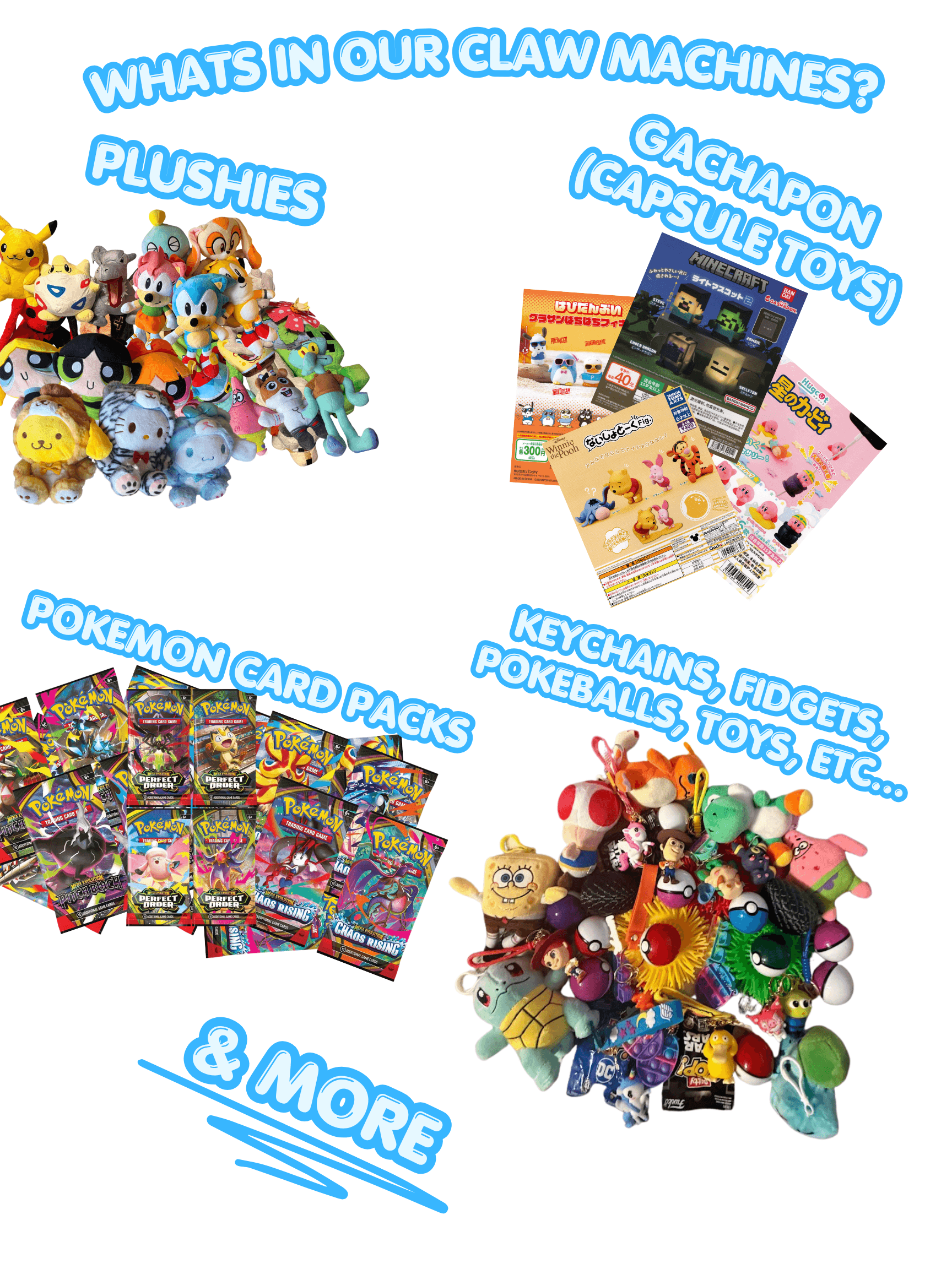 Promotional graphic showcasing claw machine prizes: plushies, gachapon toys, Pokemon card packs, and keychains.
