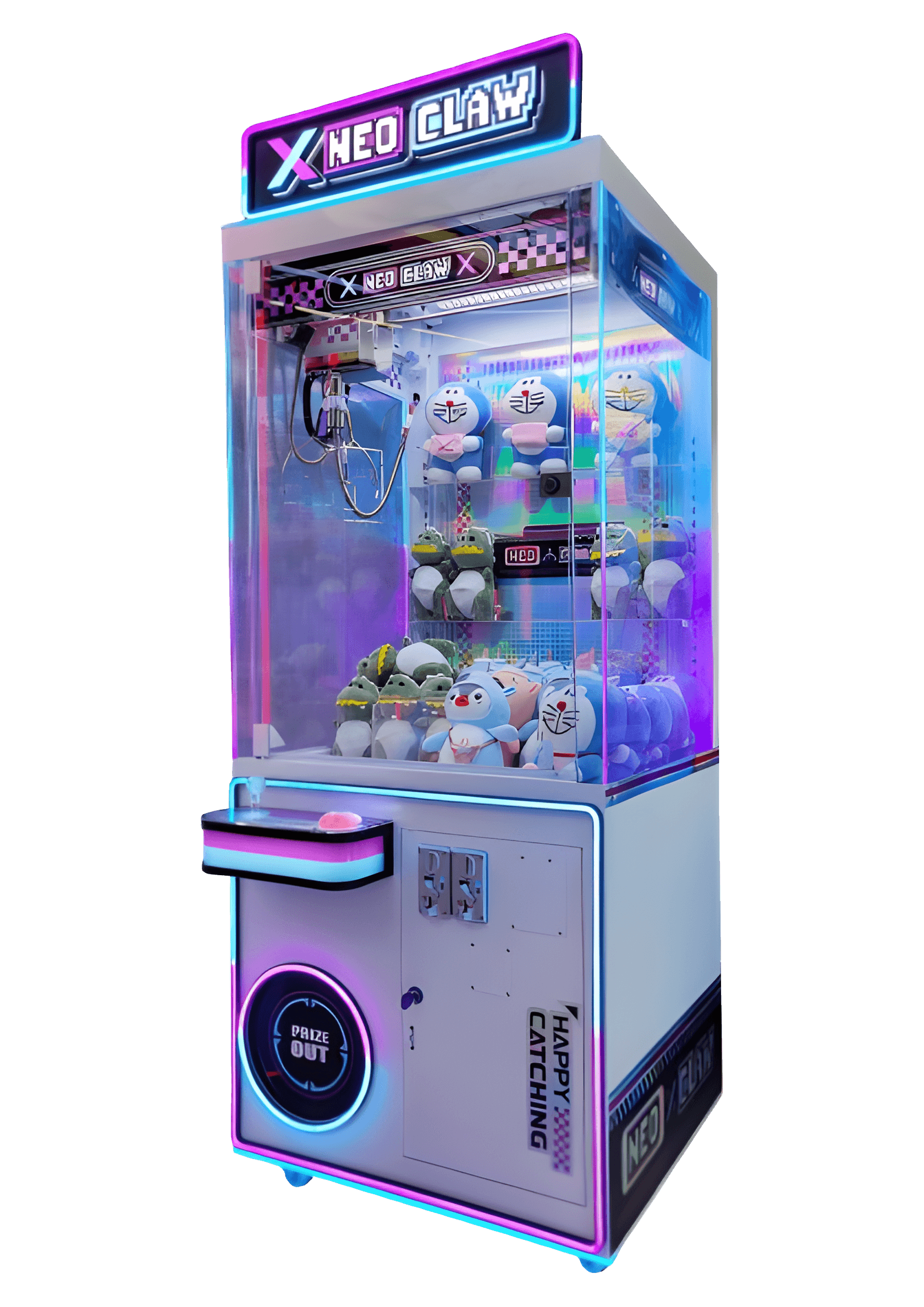 White X Neo Claw machine with neon pink and blue lighting, filled with plush toys.